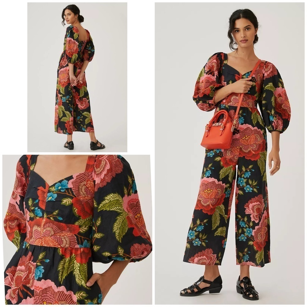 NWT Anthropologie x Farm Rio Floral Fauna Boho Linen Blend Jumpsuit Small